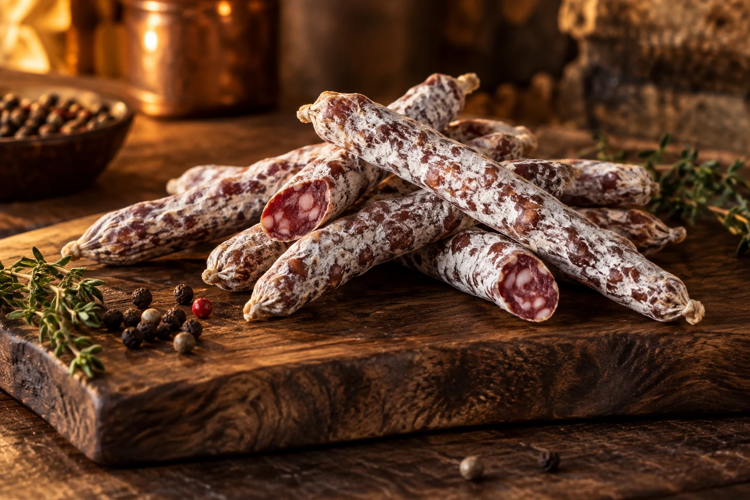 Buchettes fines de saucisson à partager sur une planche apéritive